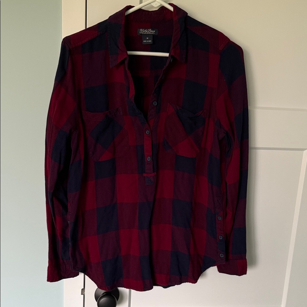 Red and Navy Plaid Button-Up Shirt